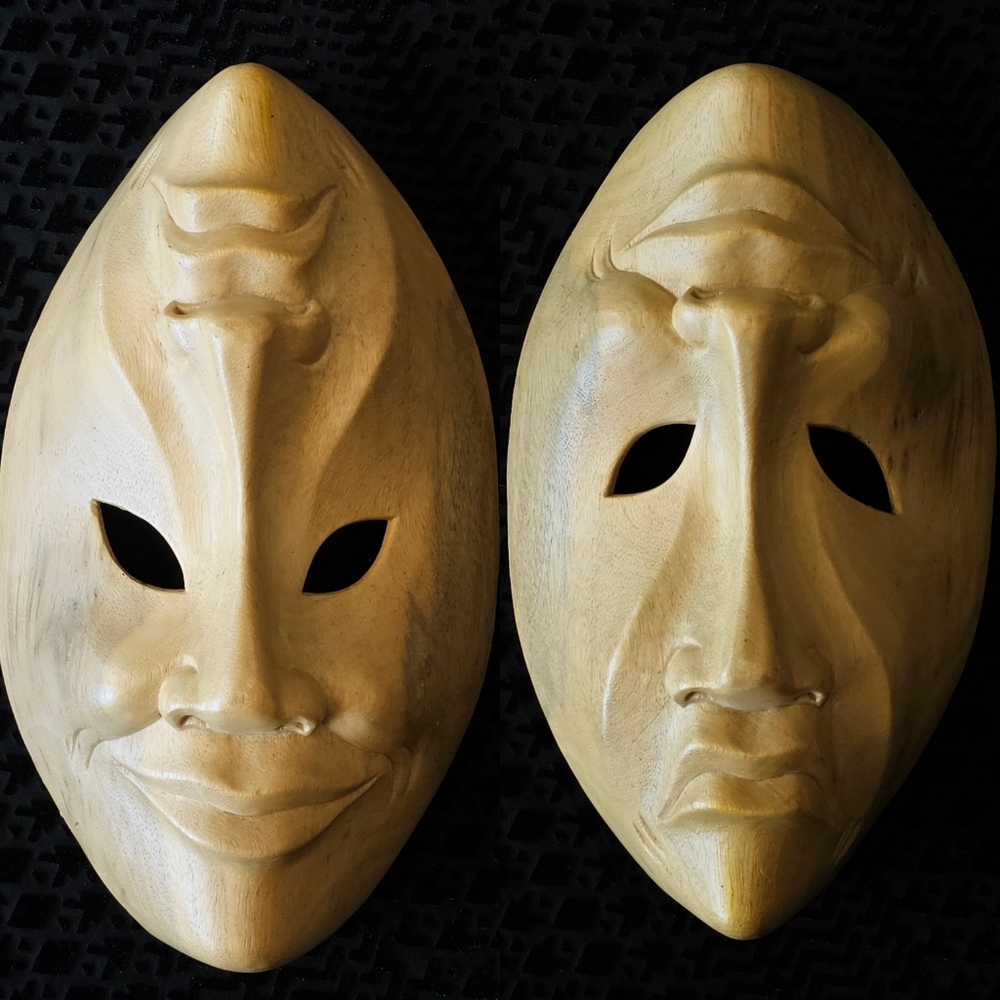 Vintage Comedy/Tragedy Handcarved Wood Mask